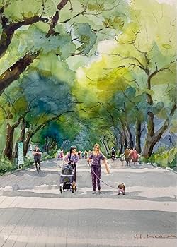 Amazon.co.jp: 282新緑の上野公園 水彩画 原画 透明水彩画 F4